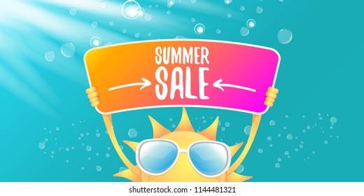 summer sale vector label or horizontal web banner. summer happy sun character holding sign or banner with special offer sale text isolated on azure sky horizontal background