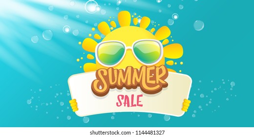 summer sale vector label or horizontal web banner. summer happy sun character holding sign or banner with special offer sale text isolated on azure sky horizontal background