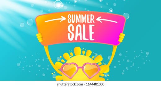 summer sale vector label or horizontal web banner. summer happy sun character holding sign or banner with special offer sale text isolated on azure sky horizontal background