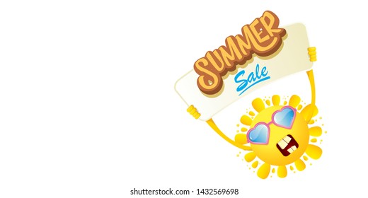 summer sale vector label or horizontal web banner. summer happy sun character holding sign or banner with special offer sale text isolated on white horizontal background