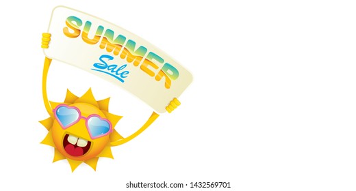 summer sale vector label or horizontal web banner. summer happy sun character holding sign or banner with special offer sale text isolated on white horizontal background