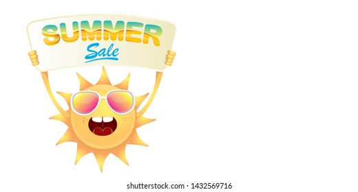 summer sale vector label or horizontal web banner. summer happy sun character holding sign or banner with special offer sale text isolated on white horizontal background