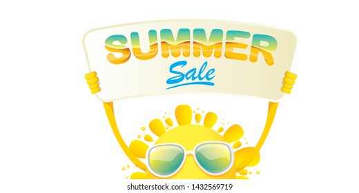 summer sale vector label or horizontal web banner. summer happy sun character holding sign or banner with special offer sale text isolated on white horizontal background