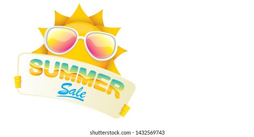 summer sale vector label or horizontal web banner. summer happy sun character holding sign or banner with special offer sale text isolated on white horizontal background