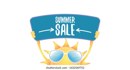 summer sale vector label or horizontal web banner. summer happy sun character holding sign or banner with special offer sale text isolated on white horizontal background