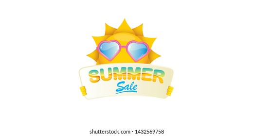 summer sale vector label or horizontal web banner. summer happy sun character holding sign or banner with special offer sale text isolated on white horizontal background