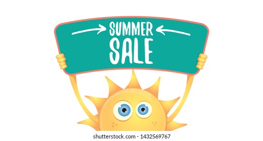 summer sale vector label or horizontal web banner. summer happy sun character holding sign or banner with special offer sale text isolated on white horizontal background