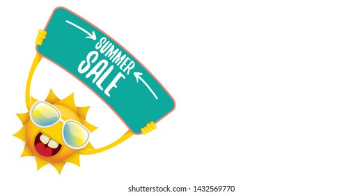 summer sale vector label or horizontal web banner. summer happy sun character holding sign or banner with special offer sale text isolated on white horizontal background