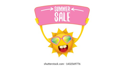 summer sale vector label or horizontal web banner. summer happy sun character holding sign or banner with special offer sale text isolated on white horizontal background