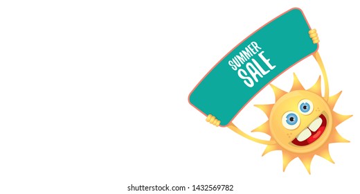 summer sale vector label or horizontal web banner. summer happy sun character holding sign or banner with special offer sale text isolated on white horizontal background