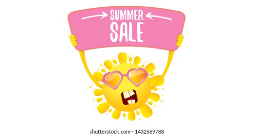 summer sale vector label or horizontal web banner. summer happy sun character holding sign or banner with special offer sale text isolated on white horizontal background
