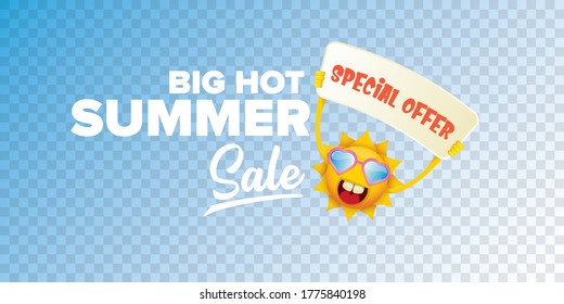 summer sale vector label or horizontal web banner. summer happy sun character holding sign or banner with special offer sale text isolated on transparent horizontal background