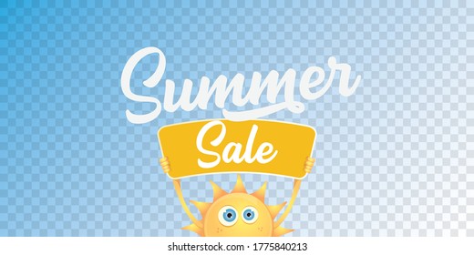 summer sale vector label or horizontal web banner. summer happy sun character holding sign or banner with special offer sale text isolated on transparent horizontal background