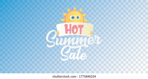 summer sale vector label or horizontal web banner. summer happy sun character holding sign or banner with special offer sale text isolated on transparent horizontal background