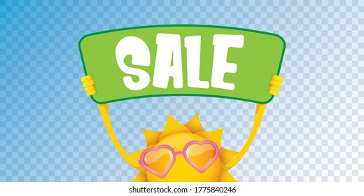 etiqueta vectorial de venta de verano o banner web horizontal. verano feliz personaje solar sujetador signo o banner con oferta especial texto de venta aislado en fondo horizontal transparente