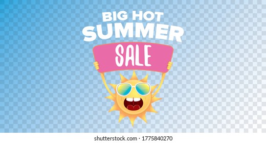 summer sale vector label or horizontal web banner. summer happy sun character holding sign or banner with special offer sale text isolated on transparent horizontal background