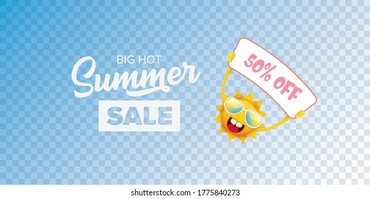summer sale vector label or horizontal web banner. summer happy sun character holding sign or banner with special offer sale text isolated on transparent horizontal background