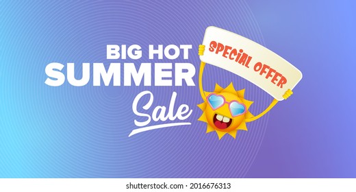 summer sale vector label or horizontal web banner. summer happy sun character holding sign or banner with special offer sale text isolated on violet sky horizontal background. Summer sale banner