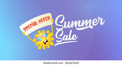 summer sale vector label or horizontal web banner. summer happy sun character holding sign or banner with special offer sale text isolated on violet sky horizontal background. Summer sale banner