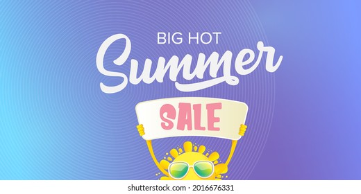 summer sale vector label or horizontal web banner. summer happy sun character holding sign or banner with special offer sale text isolated on violet sky horizontal background. Summer sale banner