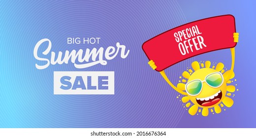 summer sale vector label or horizontal web banner. summer happy sun character holding sign or banner with special offer sale text isolated on violet sky horizontal background. Summer sale banner