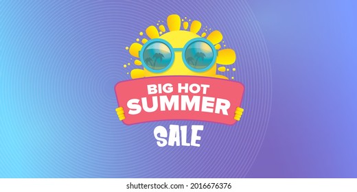 summer sale vector label or horizontal web banner. summer happy sun character holding sign or banner with special offer sale text isolated on violet sky horizontal background. Summer sale banner