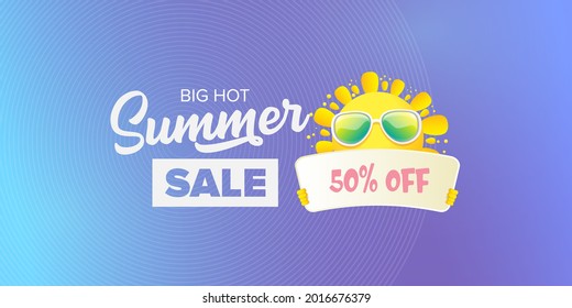 summer sale vector label or horizontal web banner. summer happy sun character holding sign or banner with special offer sale text isolated on violet sky horizontal background. Summer sale banner