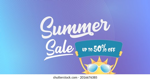 summer sale vector label or horizontal web banner. summer happy sun character holding sign or banner with special offer sale text isolated on violet sky horizontal background. Summer sale banner