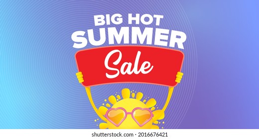 summer sale vector label or horizontal web banner. summer happy sun character holding sign or banner with special offer sale text isolated on violet sky horizontal background. Summer sale banner
