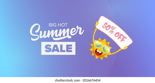 summer sale vector label or horizontal web banner. summer happy sun character holding sign or banner with special offer sale text isolated on violet sky horizontal background. Summer sale banner