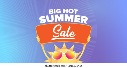 summer sale vector label or horizontal web banner. summer happy sun character holding sign or banner with special offer sale text isolated on violet sky horizontal background. Summer sale banner