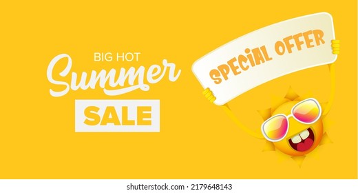 summer sale vector label or horizontal web banner. summer happy sun character holding sign or banner with special offer sale text isolated on orange horizontal background. Summer sale banner