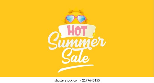 summer sale vector label or horizontal web banner. summer happy sun character holding sign or banner with special offer sale text isolated on orange horizontal background. Summer sale banner