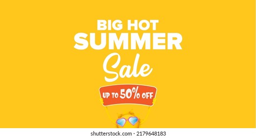 summer sale vector label or horizontal web banner. summer happy sun character holding sign or banner with special offer sale text isolated on orange horizontal background. Summer sale banner