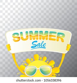 summer sale vector label or web banner. summer happy sun character holding sign or banner with special offer sale text isolated on transparent background