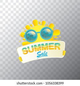 summer sale vector label or web banner. summer happy sun character holding sign or banner with special offer sale text isolated on transparent background
