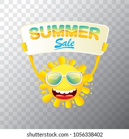 summer sale vector label or web banner. summer happy sun character holding sign or banner with special offer sale text isolated on transparent background
