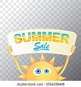 summer sale vector label or web banner. summer happy sun character holding sign or banner with special offer sale text isolated on transparent background