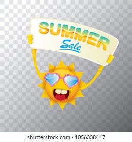 summer sale vector label or web banner. summer happy sun character holding sign or banner with special offer sale text isolated on transparent background