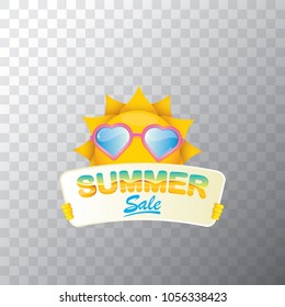summer sale vector label or web banner. summer happy sun character holding sign or banner with special offer sale text isolated on transparent background