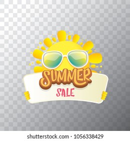 summer sale vector label or web banner. summer happy sun character holding sign or banner with special offer sale text isolated on transparent background