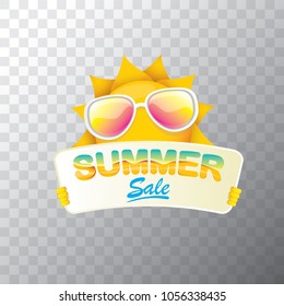 summer sale vector label or web banner. summer happy sun character holding sign or banner with special offer sale text isolated on transparent background