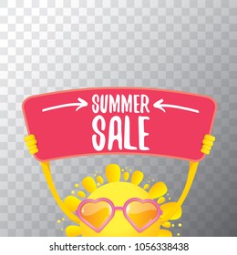 summer sale vector label or web banner. summer happy sun character holding sign or banner with special offer sale text isolated on transparent background