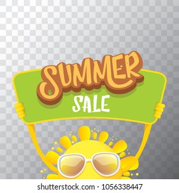 summer sale vector label or web banner. summer happy sun character holding sign or banner with special offer sale text isolated on transparent background