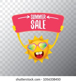 summer sale vector label or web banner. summer happy sun character holding sign or banner with special offer sale text isolated on transparent background