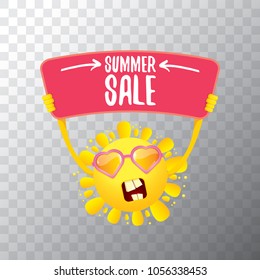 summer sale vector label or web banner. summer happy sun character holding sign or banner with special offer sale text isolated on transparent background
