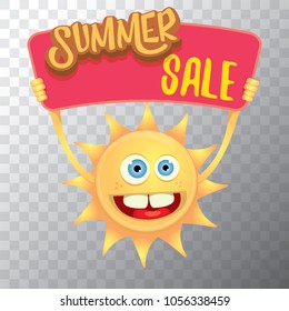 summer sale vector label or web banner. summer happy sun character holding sign or banner with special offer sale text isolated on transparent background