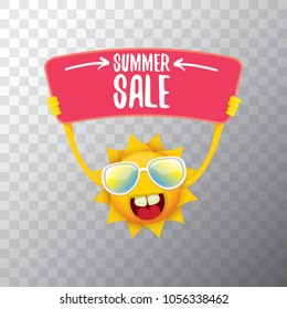 summer sale vector label or web banner. summer happy sun character holding sign or banner with special offer sale text isolated on transparent background
