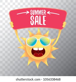 summer sale vector label or web banner. summer happy sun character holding sign or banner with special offer sale text isolated on transparent background