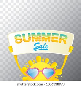 summer sale vector label or web banner. summer happy sun character holding sign or banner with special offer sale text isolated on transparent background
